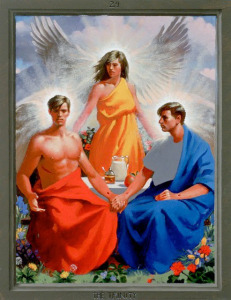 This icon of the Trinity draws on the feminine images used in Scripture for the Holy Spirit, as a reminder that women as well as men can bear the image of God.